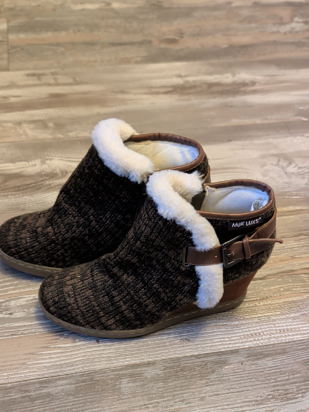 Muk Luks Brown Faux-Fur Lined Wedge Boots, Size 9